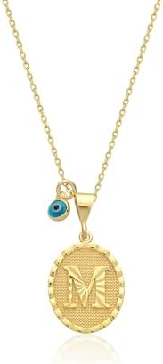 Altın Kaplama M Harfli Madalyon Kolye, Nazar Boncuklu, Zincirli (E, 14 Ayar Sarı Kaplama) - Görsel 1