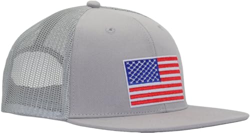 Image of Men Flat Bill USA Flag Mesh Hat Fits OSFM&XXL Head | Snapback Trucker Cap | 250th US Anniversary Veterans Memorial Day Gifts