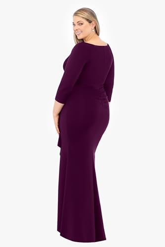 Image of Xscape Women's Floor Length V-Neck Bodycon Evening Gown with 3 /4 Sleeves, Rushing, & Ruffle Detail, Plum, 20W, Plus Size