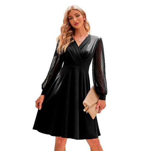 RPAEOY Vestido Mujer Elegante Manga Larga Cuello en V Bodycon de Volante Dobladillo Vintage Minivestido Sexy Casual Vestidos para Invitada Coctel (Negro/L)
