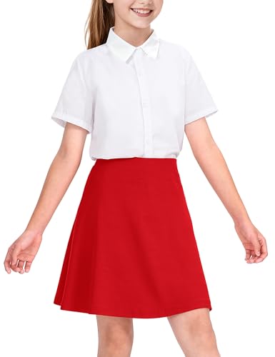 KEREDA Girls Uniform Skirts with Undershorts Casual High Waist Stretchy A-Line Skirts Soft Skorts Fashion Clothes Red 7-8 Years