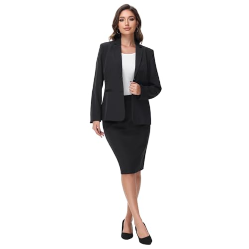 Lamgool Women's Business Skirt Suit Set 2 Piece Office Outfits Notched Lapel Blazer and Pencil Skirt