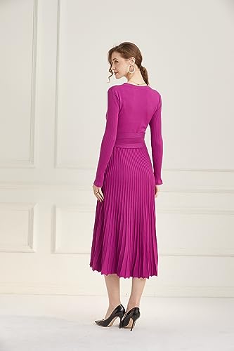Image of Women's Long Knit Crewneck Sweater Dress Tie Waist A-Line Swing Pleated Bodycon