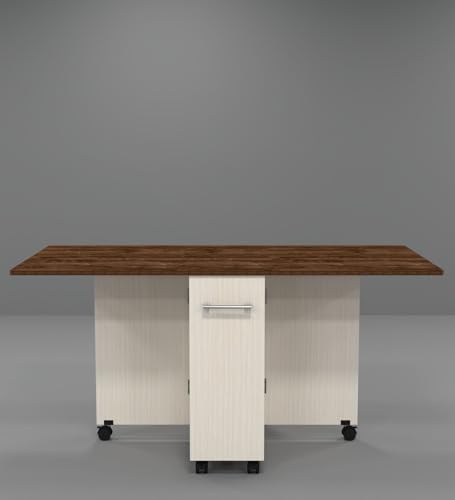 Image of SPECIALITY PANELS Folding Dining Table with Storage, 6 Seater, Brown Wood Top with Cream Base, 149x74x76 cm, Space Saving Kitchen Table on Wheels
