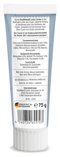 Knuffelwuff Tuben Snack Hunde Leckerlis Lachscreme 12er Pack - mit extra viel frischem Fisch - ohne Konservierungsmittel, ohne Zusatz von Zucker und Getreide - Ideal auch für Welpen - Made in Germany