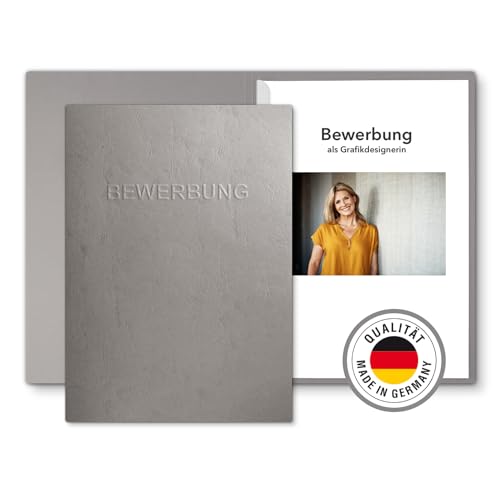10 Stück 2-teilige Bewerbungsmappen mit 1 Klemmschiene in feinster Lederstruktur und hochwertiger Prägung „BEWERBUNG“ (Grau, 10 Stück)