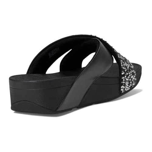 Image of FitFlop Womens Lulu Crystal-Mix Metallic Cross Slides All Black Sandal