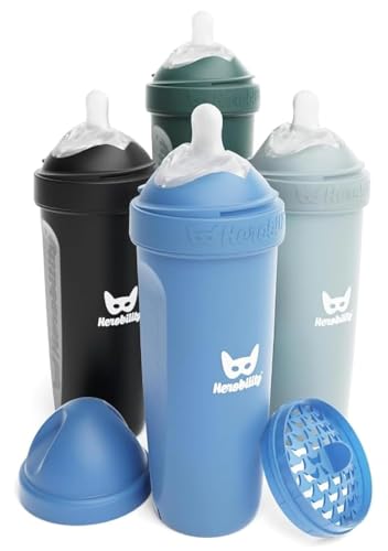 Image of Herobility Double Anti-Colic Baby Bottles – 12 fl oz/340ml – 4-Pack – Multicolor – Denim, Black, Dusky Green, Gray