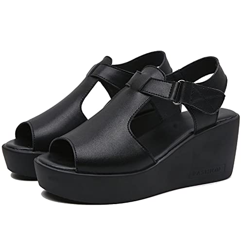 Generic7 Sandalias de cuña para Mujer, Color sólido, Barra en T, Correa para el Tobillo, Gancho, Peep-Toe, Slingback, Estilo Simple, Zapatos de Plataforma Antideslizantes