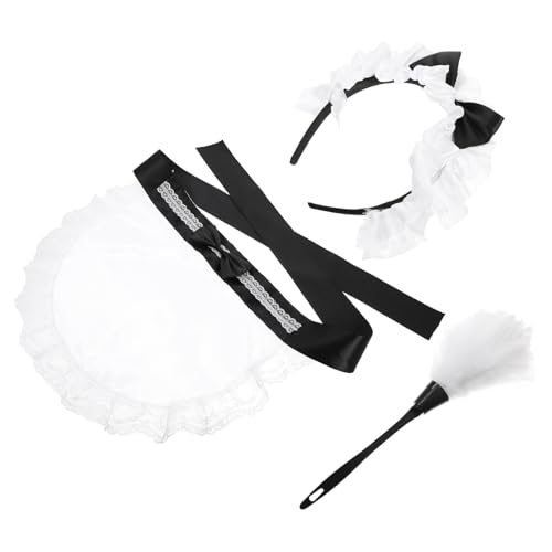 WRITWAA Ensemble Cosplay Femme de Chambre 3 Pièces Blanc Comprenant Tablier Bandeau et Plumeau Accessoires Costume pour Fêtes Halloween et Jeux de Rôle Costume Femme de Ménage Élégant