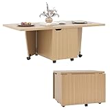 Giantex Folding Coffee Table, 48 Inch Drop Leaf Extendable Center Table with Storage Cabinet & Wheels, Rolling Side Table, Mid Century Modern Living Room Tables for Small Spaces (Oak)