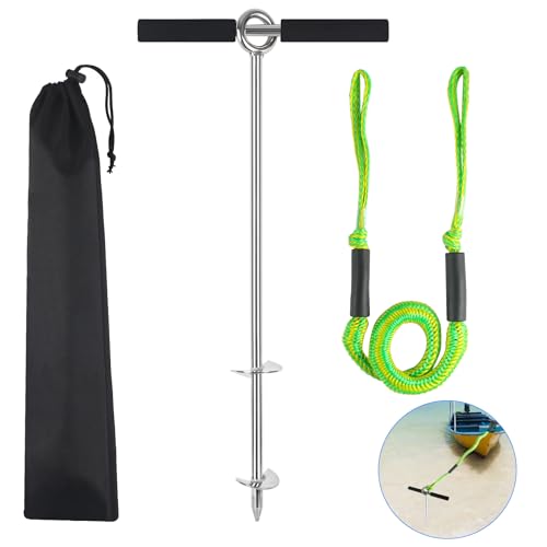BALAVA 24" Sand Anchor,316 Stainless Steel Shallow Water Sand Anchor with Ground Anchor Screw Auger,Boat Sand Anchor with Removable Handle,for Boats, Jet Skis, PWCs, Pontoon,Include Bungee Line