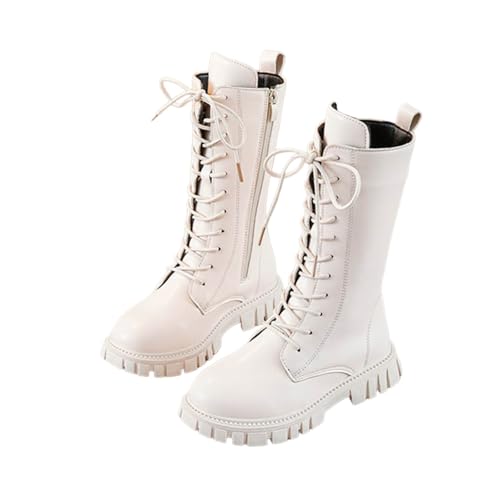 Girls Boots Lace Up Mid Calf Riding Boots Fashion Waterproof Pu Leather Side Zipper Punk Goth Fall Winter Shoes 4-12Y White 31