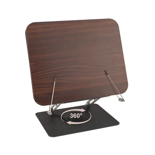 Foyucool Atril para Libros Madera con Base Giratoria 360°, Soporte Plegable y Altura Ajustable con Clips Giratorios de 90° para Partituras, Libros y Tablets​​