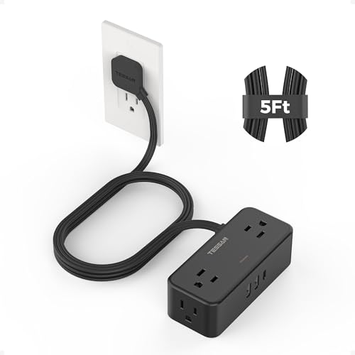 TESSAN Black Extension Cord 5 Ft, Flat Surge Protector Power Stri...