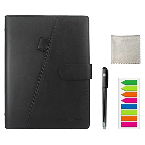 HOMESTEC Reusable Smart Notebook - A5, Black PU Leather with Storage Function, 6 Page Styles, Endlessly Reusable Note Pad, Pen, Self-Stick Notes and Wipe Included (Lined and Dot-Grid Pages) Cover