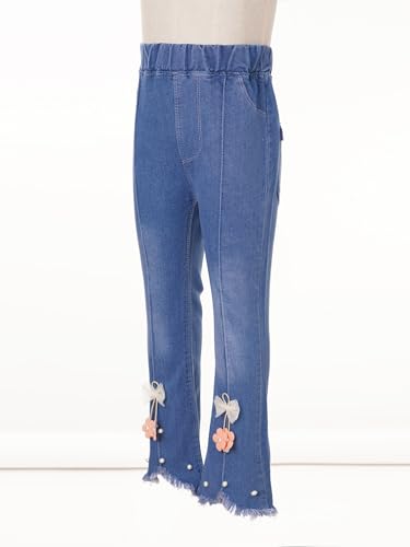TiaoBug Girl's Raw Hem Flared Jeans Retro Style Bell Bottoms Pants Jeggings Distressed Denim Trousers with Pockets4