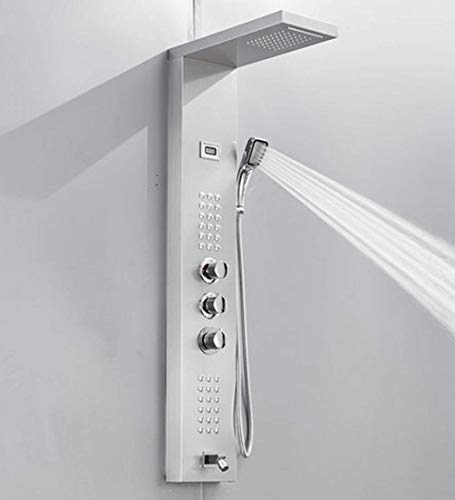 Columna de ducha moderna para baño de acero inoxidable con mango, ducha de mano, surtidor de bañera y sistema de masaje, acabado cromado miniatura 4