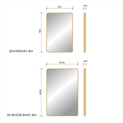 Jenbely 22X30 Inch Gold Bathroom Mirror, Brushed Brass Gold Metal Framed Rectangular Mirror With Rounded Corner, Bathroom Vanity Mirror For Bedroom Or Living Room, Horizontal/Vertical #TOP5