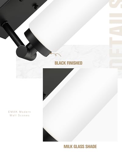 Image of Emak Black Sconces Set of 2, Modern Wall Lights with Milk Glass Shade, Farmhouse Vanity Lights for Bathroom, Living Room, Bedroom, Gallery, WS086-BK-ML-2PK