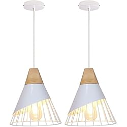 Aliexpress Lamparas Nordicas TOKIUS Lámpara Colgante Vintage Lámpara de Techo Interior Estilo Creativa Jaula de Hierro con Madera E27 Lámparas Araña para Dormitorio Sala Comedor, 25CM (Blanco, 2 Piezas)