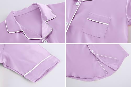 Image of Schbbbta Girls & Women Silk Nightgown, Short Sleeve Button Down Satin Nightshirt Pajama House Dress, 3 Years- Women 2XL