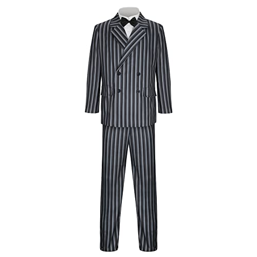Mens Costume 1920s Gangster Suit Striped Blazer Pants Shirt Tie Outfit Halloween Cosplay Party Uniform (Adult, Medium)