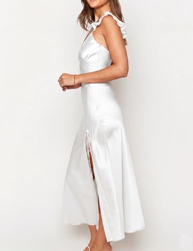 Image of KOUNAI Women's Satin Summer Lace Slit Formal Midi Dress for Wedding Guest