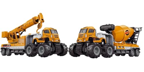 Image of 1:43 Scale Diecast Construction Truck Set [Pack of 2] - Metal Crane Truck & Cement Mixer Toy, Alloy Miniature Vehicles with Friction Power, Birthday Gift for Kids Boys Girls