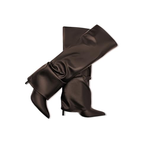 Image of Women's Knee High Boots Fold Over High Heel Pointed Toe Black White Long Boots Women Dress Tall Boots for Women