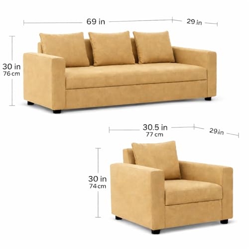 Image of Wood 3+1+1 Sofa Set 5 Seater | Velvet Fabric Upholstery | Wooden Frame Sofa Set with 3 Seater & 2 Single Chairs for Living Room, Home & Office (Golden)
