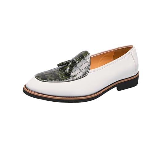 Mens Retro Stone Grain Platform Slip-On Dress Tassels Loafer Shoes Round Toe Chunky Heels Non-Slip Casual Shoes for Formal Business Wedding