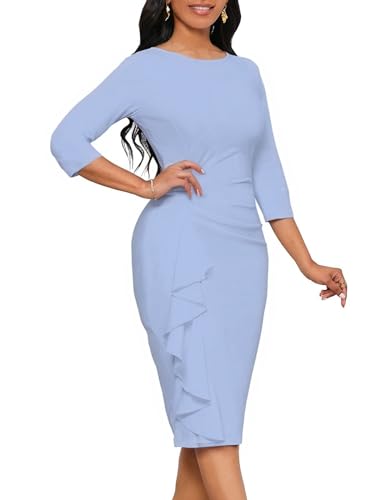 Image of Church Dresses for Women 3 /4 Sleeve Ruffle Vintage Bodycon Cocktail Work Midi Pencil Dress