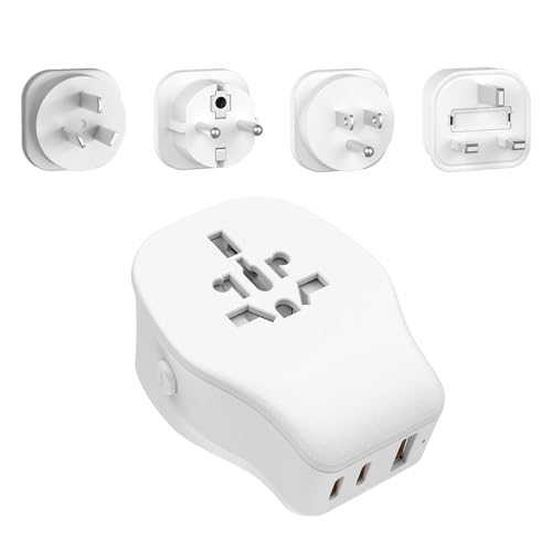 JSVER Enchufe de Viaje Universal con 2 USB C(PD 20W) y 1 USB A, Adaptador de Viaje Universal con 4 Enchufes reemplazables Cargador Rápido para USA/UK/Canadá/AUS/HK(Blanco)