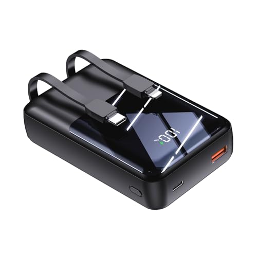 Bärbar Telefonladdare med Inbyggda Kablar 20000mAh Power Bank 22,5W Snabbladdning LED-skärm Ultrakompakt USB C-Batteripaket Kompatibel med iPhone 16/15/14/13/12 Andriod etc (Svart, 20000mAh)