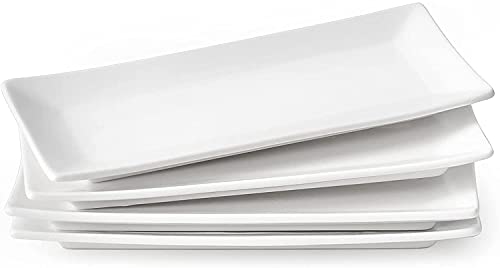 LIFVER Assiettes Service de Table, Plats de Service Rectangulaire Blanche, 25,4 Pour les Fêtes, Assiettes en Céramique Passe au Lave-vaisselle au Micro-ondes, Lot de 4 assiettes Cover