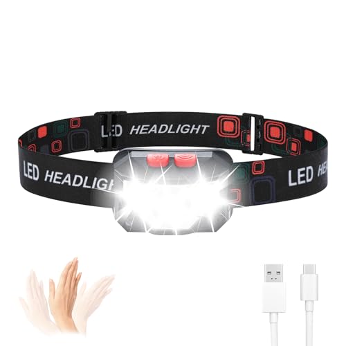GRIFEMA Rechargeable LED Head Torch, 8 Light Modes with Motion Sensor, IPX45 Waterproof, 1200mAh Battery, Adjustable Angle, Lightweight Headlamp for Running, Hiking, Camping, Fishing etc.