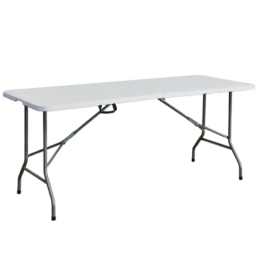 Yaangagpe 6ft Folding Trestle Table-Space-180cm Extra Wide Portable Heavy-Duty Design with Carry Handle: Suitable for Indoor/Outdoor Use - Camping Picnic Party BBQ & Crafts Included White