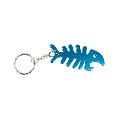 Práctico llavero abrebotellas, gadget espina de pescado, hueso metálico turquesa, símbolo de...