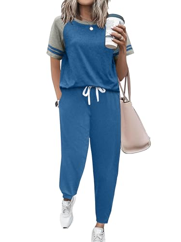 Image of Ekouaer Lounge Sets for Women Two Piece Pajama Set Short Sleeve Crewneck Jogger Outfits and Sweatpants Tracksuit
