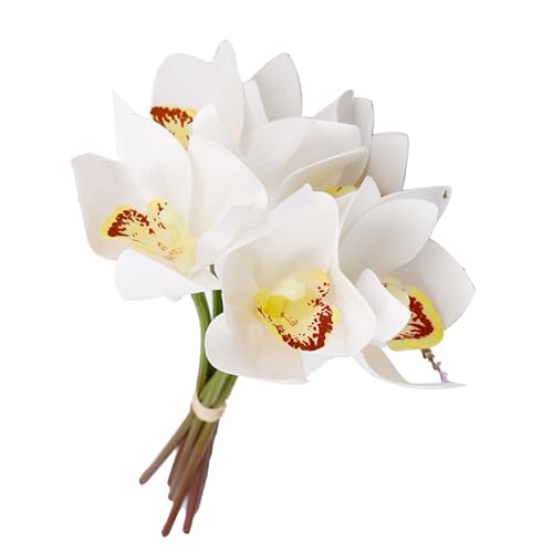 Bonbela Decoración de Orquídeas Artificiales de 6 Tallos, Flores de Seda Impresas en 3D con Tallos Flexibles, Arreglos Florales para Bodas, Fiestas, Decoración del Hogar (Blanca)