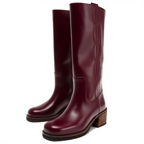 YIYA Women's Knee High Boots Square Toe Wide Calf Chunky Block Low Heels Riding Long Boots Pull On2