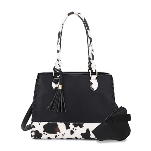 Image of JESSIE & JAMES Montana Whipstitching Cow Print Top Handle Satchel Purse with Adjustable Shoulder Strap
