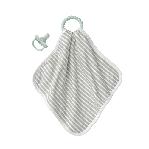 Dr. Brown's Lovey Blanket with Teether Ring and HappyPaci 100% Silicone One-Piece Pacifier, Soothing Security Blanket Set for Baby, Gray Stripes, 0m+