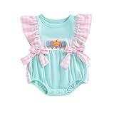 RSRZRCJ Newborn Outfits Baby Girl Clothes Summer Fly Sleeve Ice Cream Embroidery Romper Plaid Bow Ruffle Bodysuit Jumpsuit (Green, 6-9 Months)