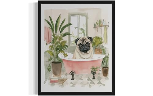 Image of Pug in Bathtub Black Framed Wall Art Poster Print, Animal Bathtub Restroom Wall Art Painting for Bathroom Decor Gallery Gallery 30 (Pug in Bathtub,10 inch L x 8 inch W, Black Frame)