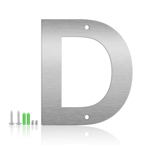 8 Inch Floating House Numbers and Metal Letters for Outdoor Signs, Modern 304 Stainless Steel Silver Address Numbers for Home, Apartment, and Garden Decor (Letter D)