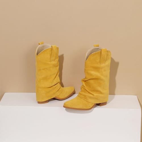 Fold Over Boots for Women Cowboy Boots Pull On Chunky Heel Pointed Toe Boots Western Cowgirl Casual Mid Calf Boots4