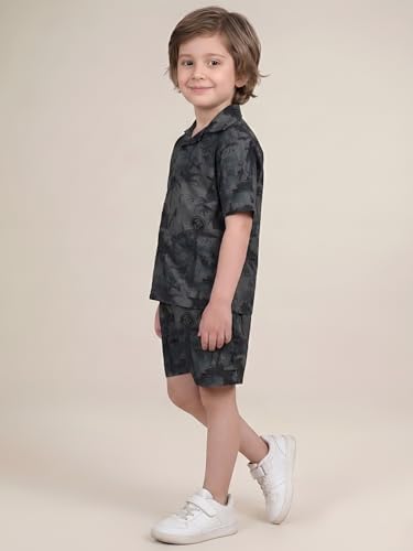 Image of POLKA TOTS Cotton Boys Summer T-shirts and Shorts Combo Set | Premium Printed Shirt & Shorts Combo | Relaxed Fit | Summer Toddler Outfit for Kids | Co-Ord Set For Boys | Tropical Print | Black 3-4 Y