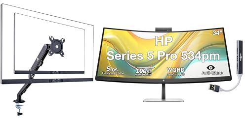 Image of HP Series 5 Pro 534pm 34 inch WQHD USB-C Conferencing Monitor, 5MP Pop-up Webcam, Tilt, Swivel, AI Noise Reduction Speakers, VESA, HDMI, Black /Silver(9E0Z2UT#ABA) w /DKZ Hub & ErgoFlexy Single Mount Arm